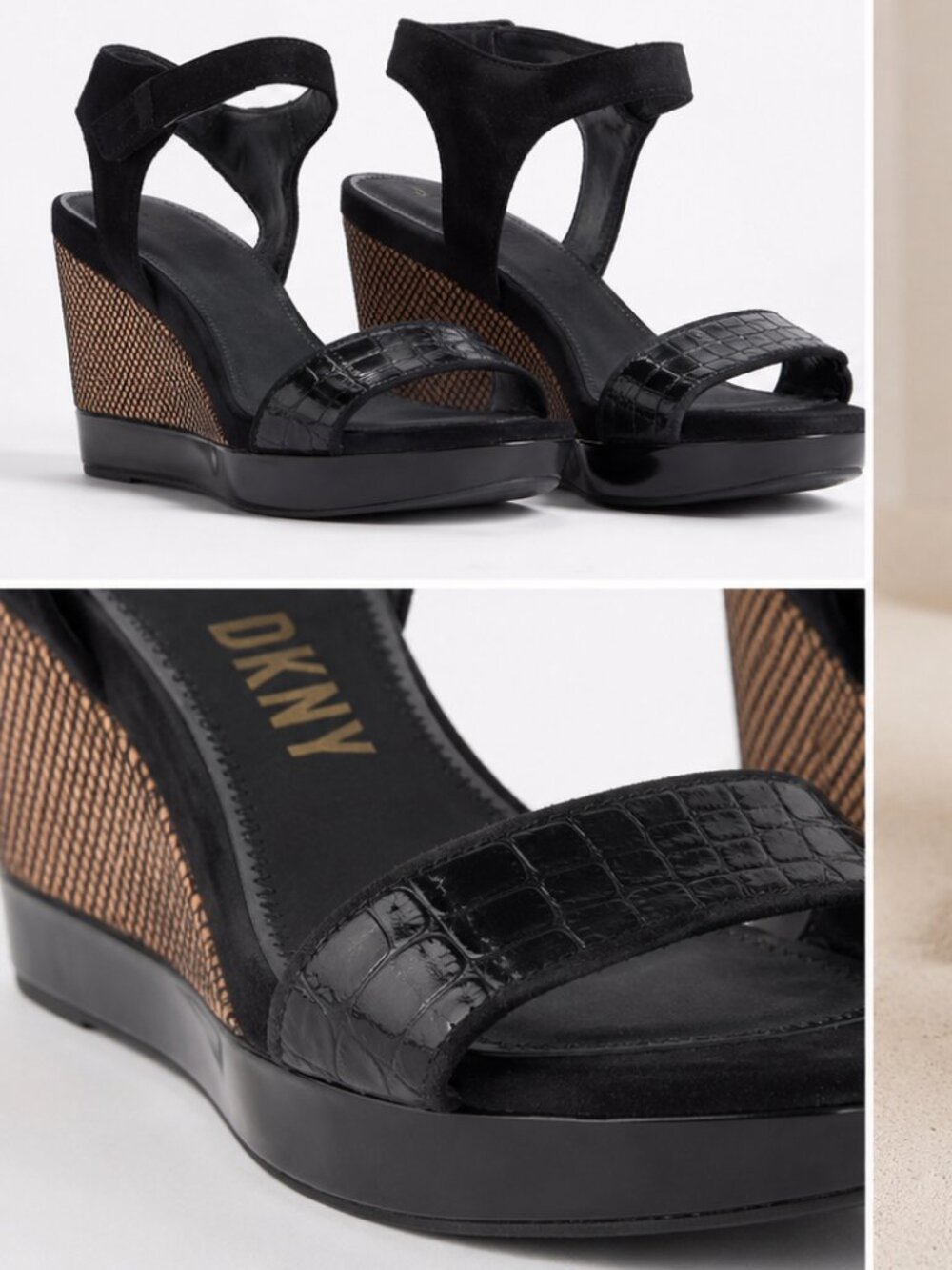 DKNY Black Wedge Sandals Velcro Ankle Strap Croc Embossed Size 9M - Picture 2 of 13